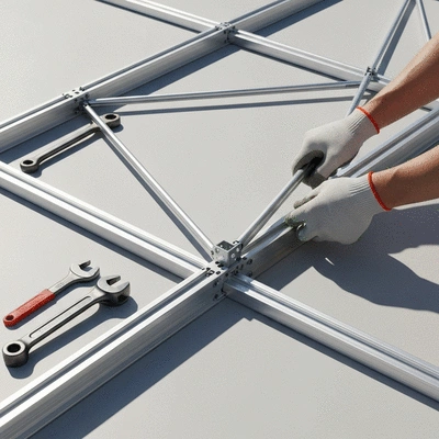 Detailed shot of greenhouse frame assembly with tools in a clean, organized setting