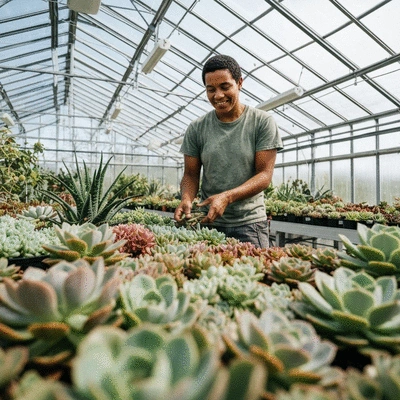 Gardener tending to plants inside a modern greenhouse