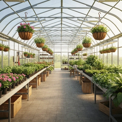Spacious and well-lit interior of a Gigant Greenhouse with various plants and gardening tools
