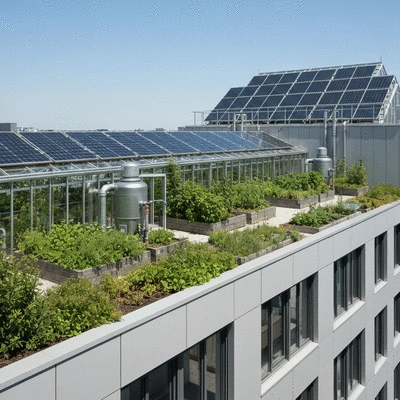 Modern rooftop greenhouse on an urban building, showing healthy plants and sustainable features like solar panels and rainwater harvesting