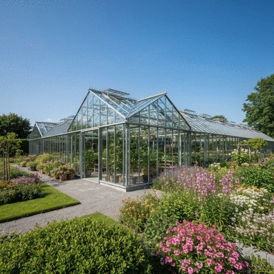 Modern Janssens greenhouse in a lush garden setting
