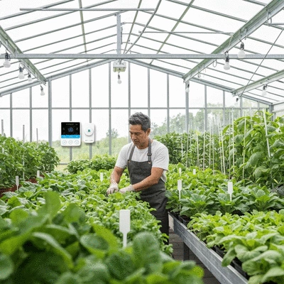 Gardener tending to plants in a well-heated greenhouse with smart thermostat visible