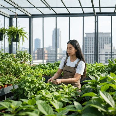 Person inspecting plants inside a well-maintained rooftop greenhouse, demonstrating daily management and maintenance