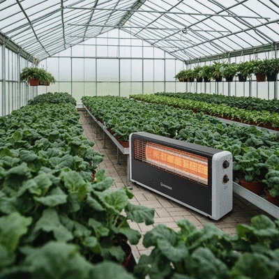 Modern electric greenhouse heater with flourishing plants in background