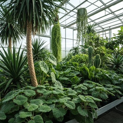 Lush plants thriving inside a well-maintained greenhouse