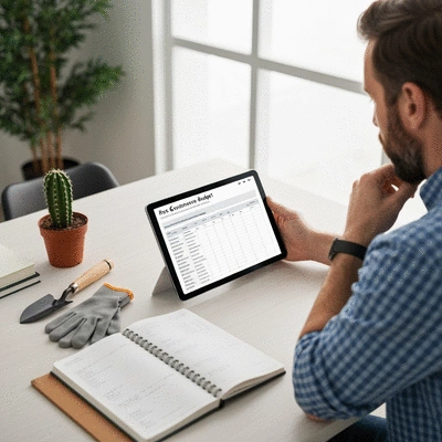 Person planning greenhouse budget on a tablet with gardening tools nearby