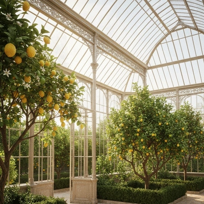 Elegant orangerie greenhouse with citrus trees inside, historical setting